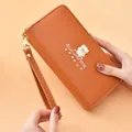Stylish long brown wallet for women featuring cartoon bear design and wristlet strap - Caramel Brown Cartoon Bear Style / Yellow Brown