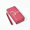Rose red long dual-zipper clutch wallet for women with pearl charm and printed text - Burgundy
