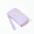 Lavender purple double zipper long wallet for women with heart print and wrist strap - Purple