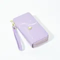 Elegant purple double zipper long wallet for women with pearl ornament and wristlet - Purple