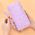 Élégant portefeuille long violet lavande avec motif d'étoiles gaufré et dragonne - Gaufrage Étoile à Quatre Branches Double Zip (FC Étoile à Quatre Branches Double Zip) / Violet Brillant