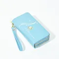 Sky blue long women's wallet with double zippers and elegant pearl accent - Blue