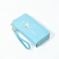 Light blue long women's wallet with double zipper, wrist strap and heart pattern print - Blue