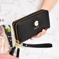 Women's black long wallet with cute daisy ornament and stylish double zipper tassels - Black
