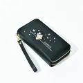 Elegant black long double zipper wallet for women featuring heart print and wrist strap - Black