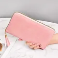 Elegant pink woven pattern long wallet for women with a decorative tassel zipper - Pink