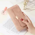 Elegant long pink PU leather wallet for women with vintage gold leaf clasp and embossed pattern - Pink