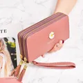Elegant pink double zipper long wallet with daisy detail and wrist strap - Dusty Pink