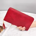Stylish red woven texture long wallet clutch with zipper and matching red tassel - Dark Red