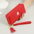 Vibrant red long women's clutch wallet featuring daisy motif and double zipper closure - Red