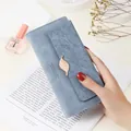 Elegant blue PU leather long wallet for women featuring a vintage leaf metal clasp - Blue