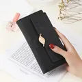 Elegant black vintage PU leather long wallet featuring a gold leaf clasp and embossed pattern - Black