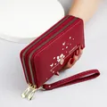 Elegant burgundy faux leather long wallet with Lovebird bird print and heart zipper charm - Burgundy