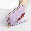 Lavender purple long wallet for women with heart charm and bird print wrist strap - Purple
