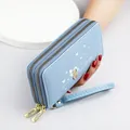 Elegant blue double zipper long wallet for women with heart print and wrist strap - Blue