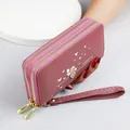 Long rose pink double-zipper women's wallet with bird print and heart charm wrist strap - Dusty Pink