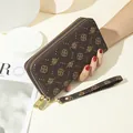 Elegant brown monogram wallet with double zippers and wrist strap for women - Dark Coffee