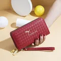 Red woven texture long women's wallet with double zipper and wrist strap detail - Burgundy
