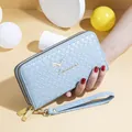 Elegant light blue woven leather long wallet with double zipper and wristlet strap for women - Blue