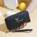 Black woven texture long wallet for women with double zipper and stylish wrist strap - Black