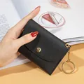 Mini porte-monnaie noir en similicuir avec bouton pression et porte-clés doré pour femmes - Noir