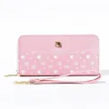 Pink long wallet for women featuring cute dog paw prints and a detachable wrist strap - Pink