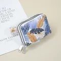 Stylish double zipper accordion card holder with tropical leaf print for women. - Blue and Brown Leaf Print / Blue