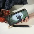 Halloween themed double zipper long wallet featuring a spooky zombie hand and moon print - Zombie Hand Print Style / Green