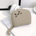 Cute cat-shaped beige pebbled leather coin purse with embroidered face detail and tail zipper - Gray