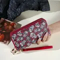 Halloween skull and red rose pattern double zipper long wallet for women - Skull and Rose Print Style / Red