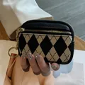 Mini argyle knit coin purse with gold zipper and keychain ring, stylish small wallet - Argyle Zipper Style / Black