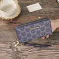 Elegant blue geometric print ladies long wallet with double zipper and wrist strap. - Blue