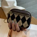 Elegant mini argyle coin purse featuring a slim profile and gold-tone zipper for women - Argyle Zipper Style / Khaki