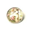 Close-up of a vintage round brooch featuring a cute lamb and pink flowers illustration. - Vintage Pastoral Sheep Style