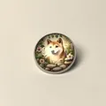 Macro detail of a round Shiba Inu doge brooch pin with floral illustration - Illustrated Shiba Inu Style
