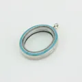 Oval turquoise enamel floating locket necklace pendant with clear glass and silver frame - Blue