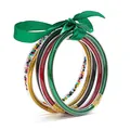 Set of multi-layered silicone bangles with glitter and beads tied with a green ribbon bow - Green and Multicolor