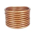 Detailed macro stack of nine gold foil color PVC silicone jelly bangles with smooth finish - Rose Gold