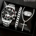 Detailed view of men's silver quartz watch set including bracelet, ring, and cross necklace - Silver Set (3117) / Silver Style 1
