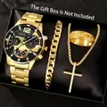 Luxury gold-toned men's quartz watch set with bracelet, ring, and cross necklace - Gold Set (3117) / Gold Style 2