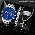 Elegant men's silver quartz watch set with blue dial, bracelet, ring and cross necklace - Style 12 [Box Not Included] / Factory Direct Sales [bulk Orders Negotiable]