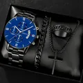 Men's blue dial quartz watch gift set with black bracelet and necklace - Style 13 [Box Not Included] / Factory Direct Sales [bulk Orders Negotiable]