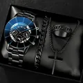 Luxurious men's black quartz watch gift set with bracelet, cross necklace and ring - Style 16 [Box Not Included] / Factory Direct Sales [bulk Orders Negotiable]