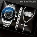 Men's silver quartz watch set with matching cuban bracelet, cross necklace and ring. - Style 18 [Box Not Included] / Factory Direct Sales [bulk Orders Negotiable]