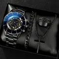 Elegant men's black quartz watch set with matching bracelet, cross necklace and ring - Style 17 [Box Not Included] / Factory Direct Sales [bulk Orders Negotiable]