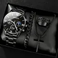 All-black men's quartz watch set including cuban bracelet, ring and cross necklace - Style 27 (Box Not Included) / Factory Direct Sales [bulk Orders Negotiable]