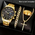 Gold men's quartz watch set with bracelet ring and cross necklace - Style 21 (Box Not Included) / Factory Direct Sales [bulk Orders Negotiable]