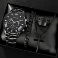 Men's luxury black quartz watch set with bracelet ring and cross necklace - Style 22 (Box Not Included) / Factory Direct Sales [bulk Orders Negotiable]