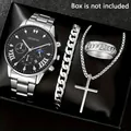 Luxury men's silver quartz watch set with steel strap bracelet cross necklace and ring - Style 24 (Box Not Included) / Factory Direct Sales [bulk Orders Negotiable]