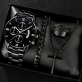 Premium men's all-black quartz watch set with matching bracelet, necklace, and ring - Style 9 [Box Not Included] / Factory Direct Sales [bulk Orders Negotiable]